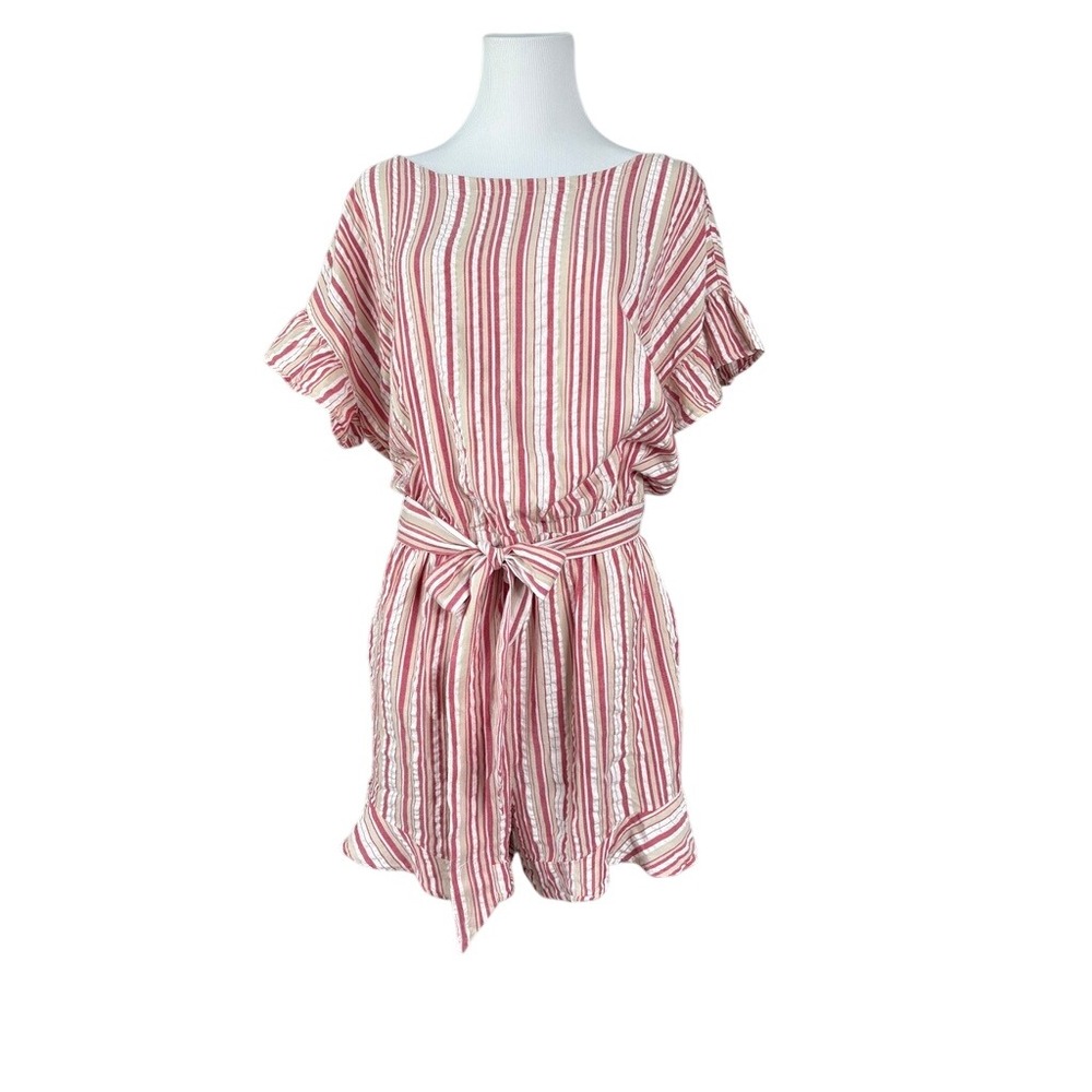 Loft Candy‎ Stripe Romper LARGE Ruffled Sleeves Boat Neck Red Pink Tan